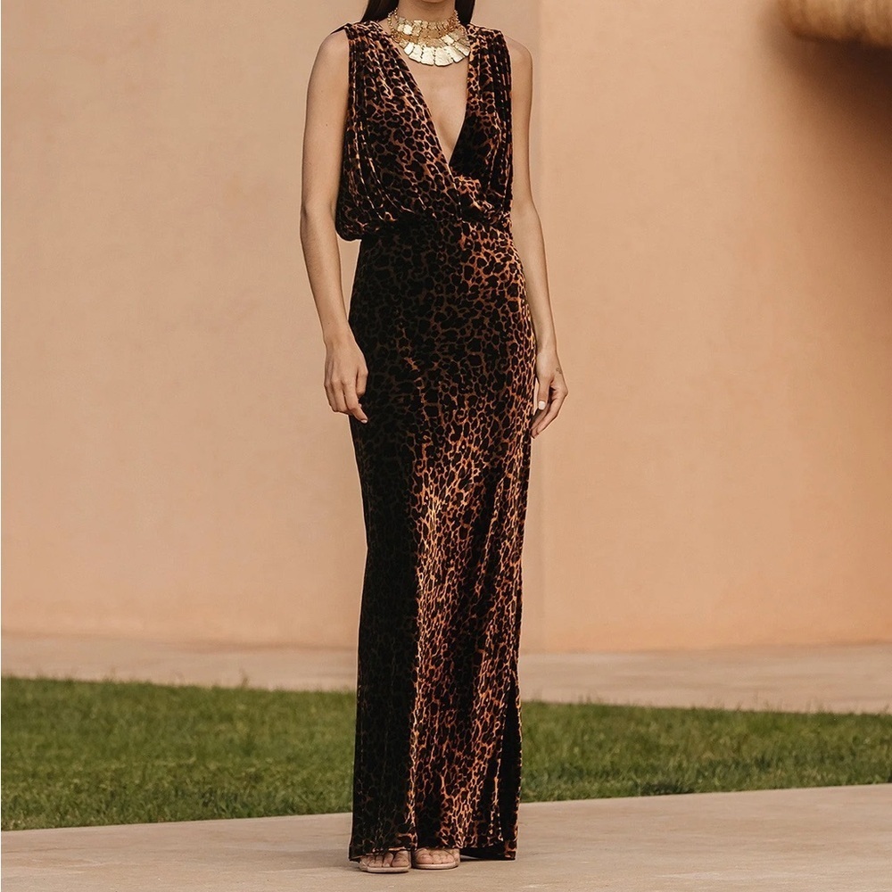 Mes Demoiselles Travis Velvet Leopard Dress Womans Maxi Brown Size 36 XS NWOT